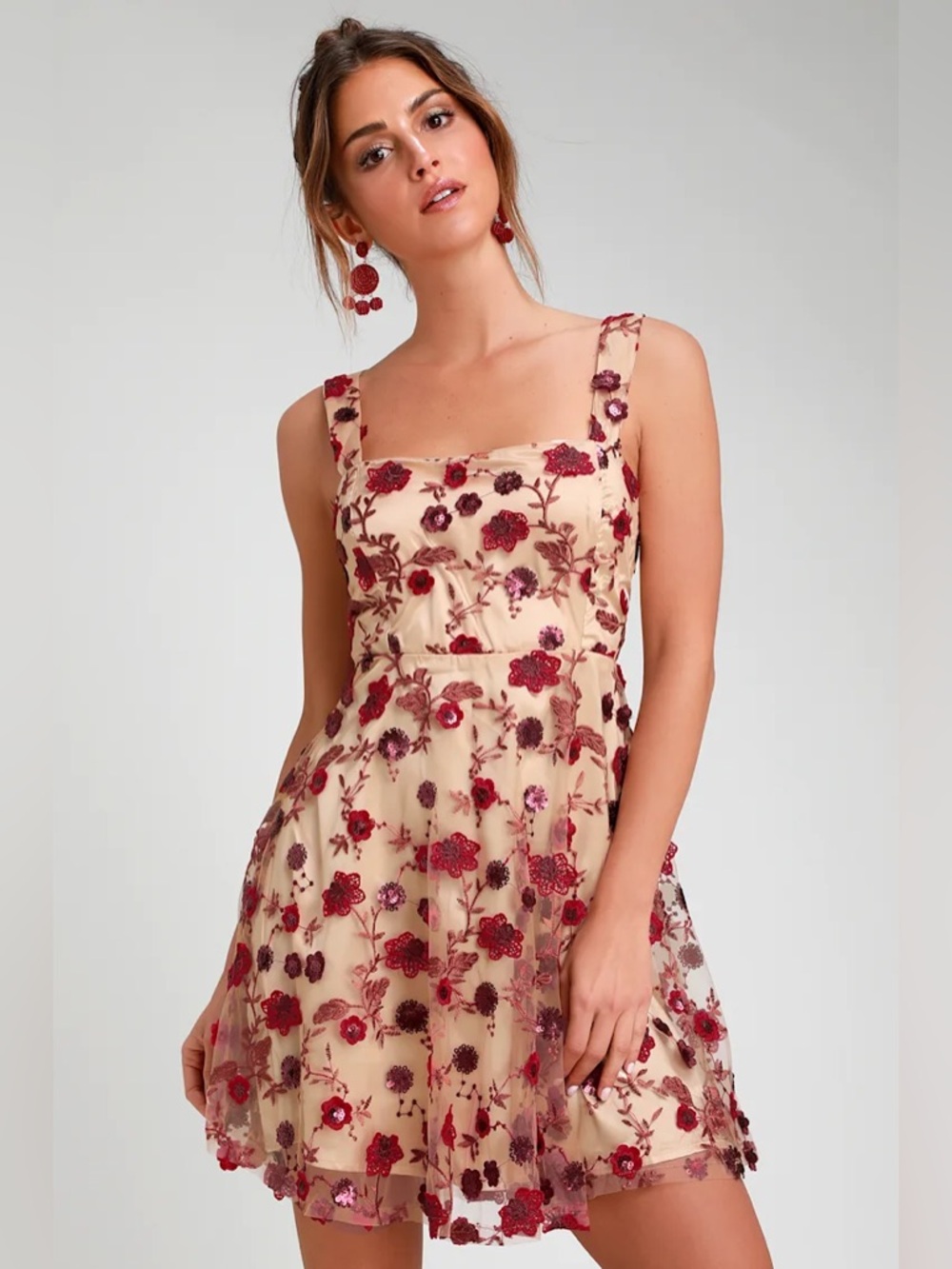 Lulu’s So Excited Nude Embroidered Sequin Skater Dress XL - Picture 3 of 11